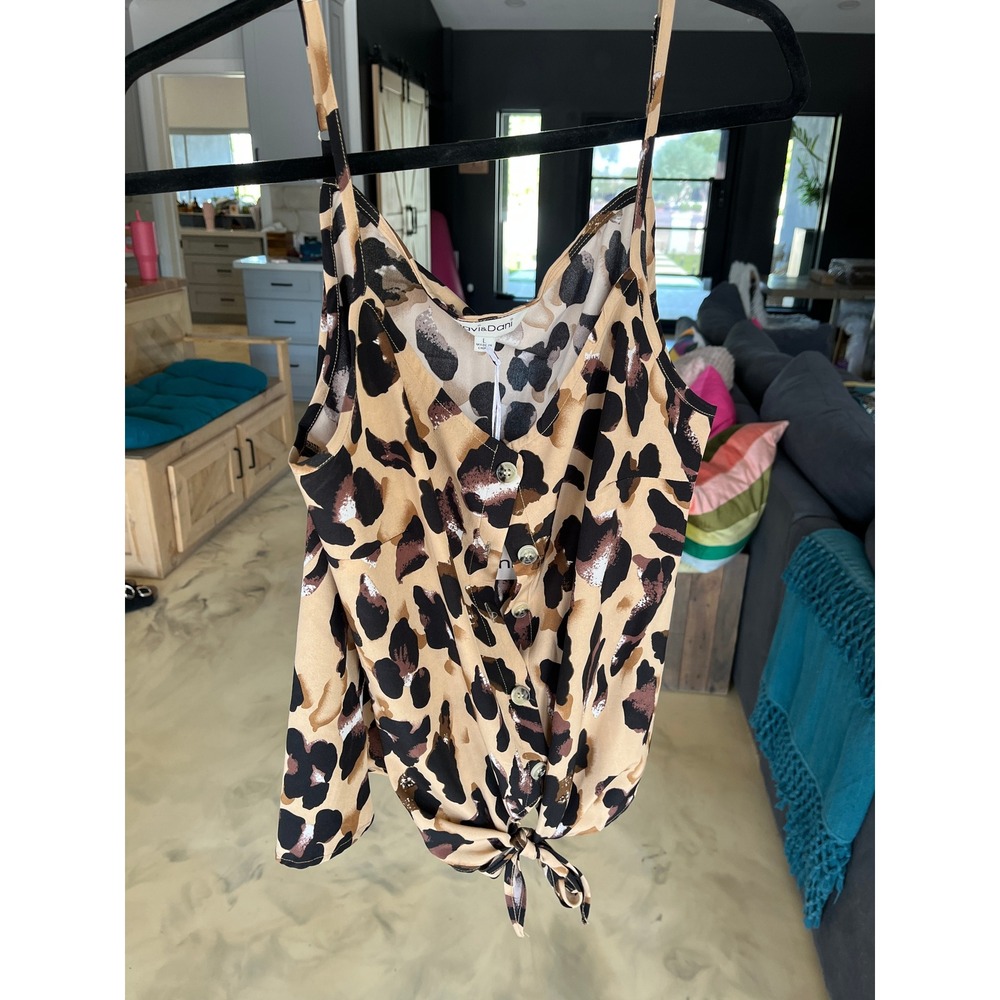 Davi & Dani Leopard Print Button Front Tie Hem Camisole Tank Top Brown Large